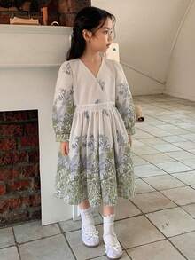 DAZY Young Girl Vacation Plant Print Overlap V-Neck Long Sleeve Dress - Multicolor - View 4