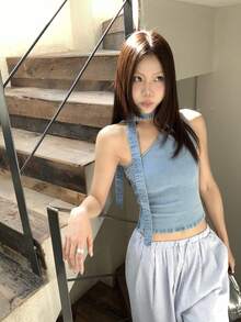 DAZY Women's Retro American Style Denim Spaghetti Strap Cropped Cold-Shoulder Top - Blue - View 3