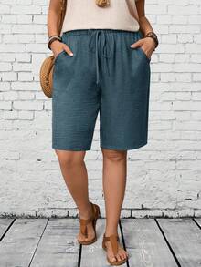 EMERY ROSE Plus Size Women's Solid Color Drawstring Waist Pocket Casual Loose Shorts Summer Outfits Clothes Spring Outfit Women Country Style For Beach - Dusty Blue - View 4