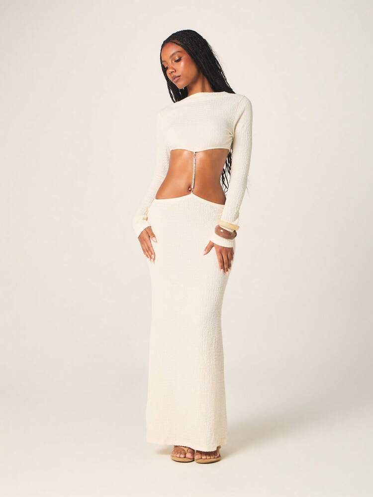MISSGUIDED Textured Long Sleeve White Maxi Dress With Waist Cut Out And Diamante Crystal Trim Detail For Evening Party Occasions