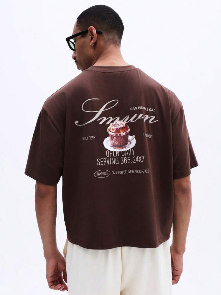Men's Brown Box Fit Graphic Tee With Bakery Print And Short Sleeves Casual Cotton T-Shirt For Daily Wear