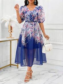SHEIN Lady 女士印花V领花瓣袖连衣裙，优雅假日风 - 藍色 - 查看 6