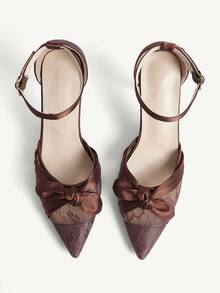 CUCCOO CHICEST Giày cao gót mũi nhọn cổ điển bằng vải lưới satin dành cho nữ, kiểu dáng gợi cảm, thích hợp cho các buổi tiệc tối, giày cao gót gót nhọn đơn giản, hở gót. - màu nâu - Xem 2