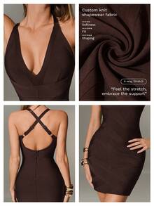 Nuvra 绷带面料紧身迷你连衣裙，性感深V领细肩带设计，是派对和聚会的理想之选。 - 咖啡 - 查看 8