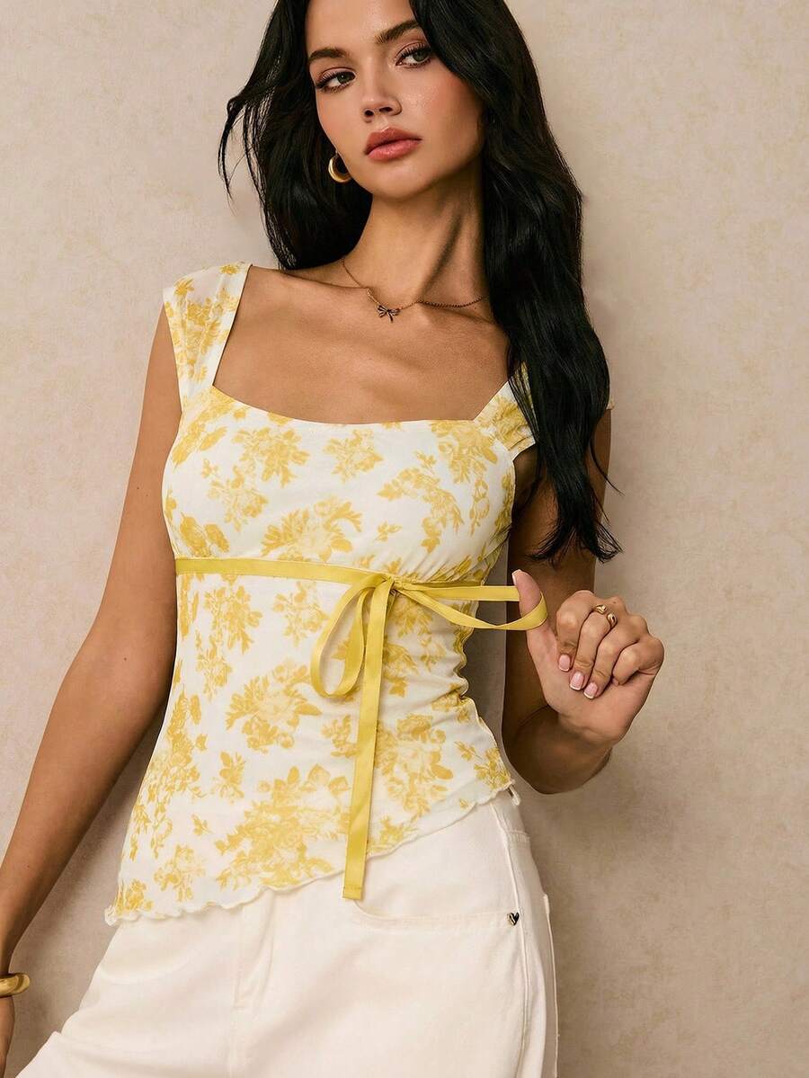 Poéselle 女士休闲印花不对称下摆方领吊带背心，夏季 - 黃色 - 查看 1