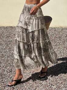 DAZY Women's Elegant Floral Print Frill Trim Skirt, Summer - Khaki - View 6
