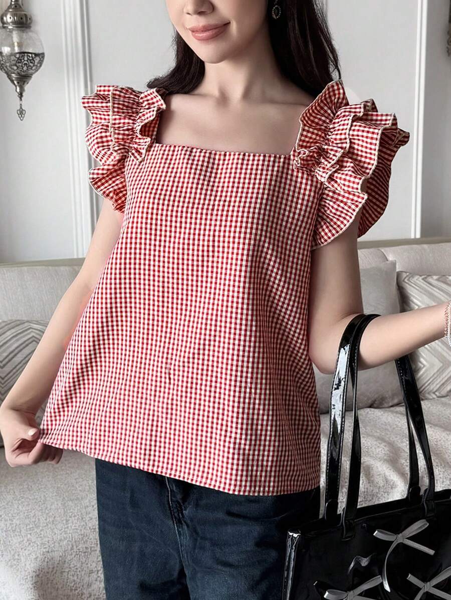 少女休闲格子荷叶边领修身衬衫，学院风衬衫，百搭衬衫，Y2K风格衬衫，适合青少年 - 紅色 - 查看 1