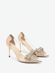 女士高跟鞋尖頭針跟時尚香檳色鞋，帶有蝴蝶和鑽石裝飾 - 香檳色 - 查看 9
