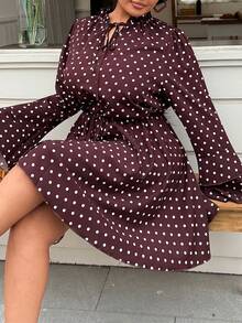 Calvaya Vestido de línea A con cinturón, puños con volantes y lazo, de manga larga con estampado de lunares, para mujer de talla grande. Elegante y romántico, ideal para citas, vacaciones, playa, negocios, té de la tarde, viajes, verano y primavera casual. - Marrón - Ver 3