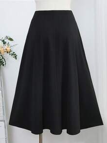 Seusyu Plus Size Women Elegant Casual Waist Cinched Asymmetric Hem Button Decor Skirt, Spring/Summer - Brown - View 2