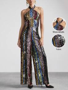 SHEIN Clasi Rainbow Sequin Decor Halter Neck Women Jumpsuit For Party New Years Outfit Christmas Party Women Jumpsuit Holiday Party Women Jumpsuit New Years Eve Outfit New Years Outfit Glitter Pants Glitter Jumpsuit Party Women Outfits New Years Eve Attire - Multicolor - View 7