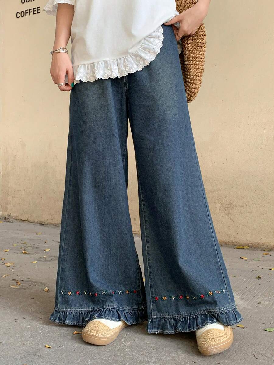 FRIFUL Women's Casual Floral Embroidered Wide Leg Jeans - Blue - View 1