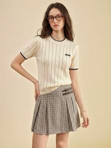 SHEIN Unity Top tricoté à col rond ajouré de couleur unie à manches courtes pour femmes, polyvalent pour le port estival, le layering, le bureau, les occasions sociales, le style Y2K - Nude - Voir 1
