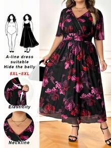 SHEIN CURVE+ 大码女士优雅连衣裙，适合工作、夏季穿着，网纱面料，弹力十足，短袖，长款，职业女性夏季服装套装 - 彩色 - 查看 11