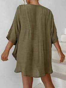 SHEIN Swim Áo khoác bikini tay ngắn cổ chữ V dáng rộng mùa hè - Màu nâu  Mocha - Xem 2