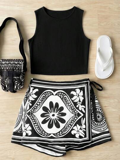 Nubod 女士加大码罗纹纯色圆领修身舒适上衣和印花短裤两件套，适合外出和聚会。