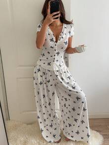 DAZY Women's Polka Dot Butterfly Pattern Single-Breasted Short Sleeve Top And Pants Pajama Set - White - View 5