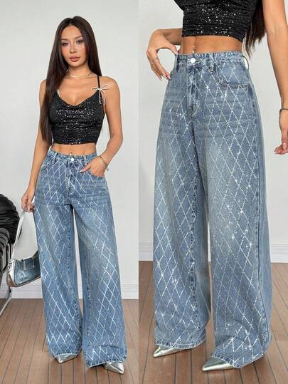 SHEIN Tall Summer Women's Sparkling Diamond-Shaped Rhinestones Decor Straight Leg Jeans Festival