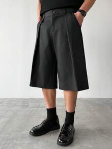 Manfinity Hypemode Men's Black Crisp Loose Straight Leg 7/8 Pants,Summer Basic Casual City Break Pleated Oversized Baggy Wide Leg Shorts For Man,Fashionable Gift For Him - Black - View 3