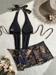 SHEIN Glamour 2件套豹纹和蛇纹随机图案三角挂脖连体泳衣带裙 - 彩色 - 查看 3
