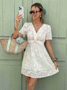 Serisse Women's Cutout V-Neck Short Sleeve Twist Waist Casual Mini Dress - Apricot - View 8