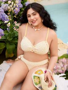 Swim Mod Bộ bikini cỡ lớn dành cho nữ, màu trơn, họa tiết hoa, kiểu dáng dễ thương, thích hợp cho kỳ nghỉ biển. - Màu vàng - Xem 3