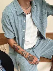 DAZY 男士短袖衬衫短裤套装，蓝色纹理面料，夏季 - 藍色 - 查看 3