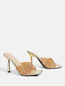 CUCCOO TILAWA High Heel Fashion Women's Rhinestone Slippers - Gold - View 4