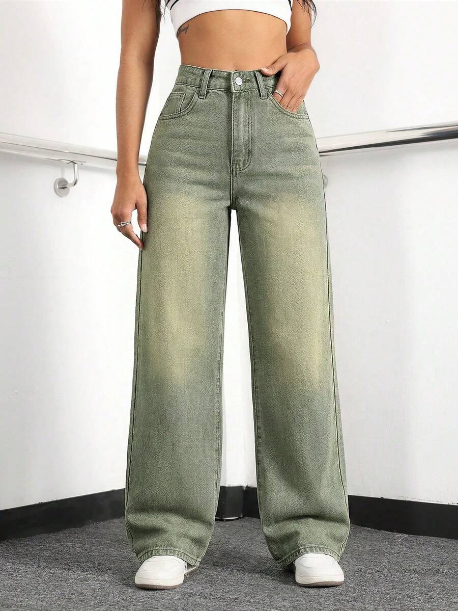 SHEIN ICON Women's High Waist Pockets Wide Leg Loose Casual Denim Jeans - Green - View 1