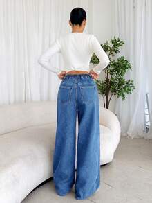 SHEIN Tall 休闲时尚百搭日常保暖内衬女式牛仔裤，高个女款，秋冬季保暖内衬蓝色牛仔裤 - 中等水洗藍 - 查看 2