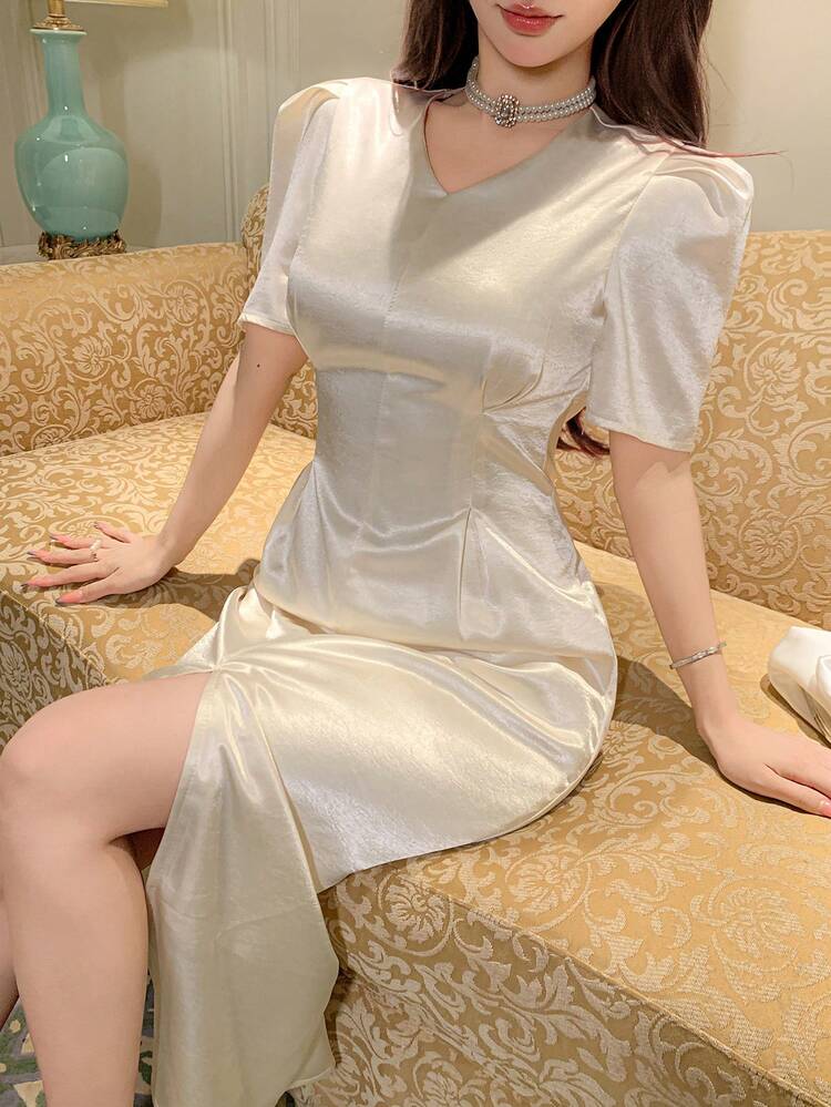Women's Elegant Solid Color Petal Sleeve Long Dress, Summer Sundress