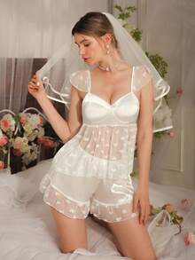 Women's Romantic Faux Silk Camisole Top & Heart Net Pajama Set - White - View 5
