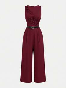 Girlism 少女连体衣和连身裤 海军蓝褶皱阔腿宽松连身裤配腰带，休闲风格 - 酒紅色 - 查看 4