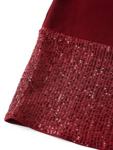 SHEIN Clasi 女士优雅亮片拼接圆领中袖连衣裙，夏季 - 酒紅色 - 查看 4