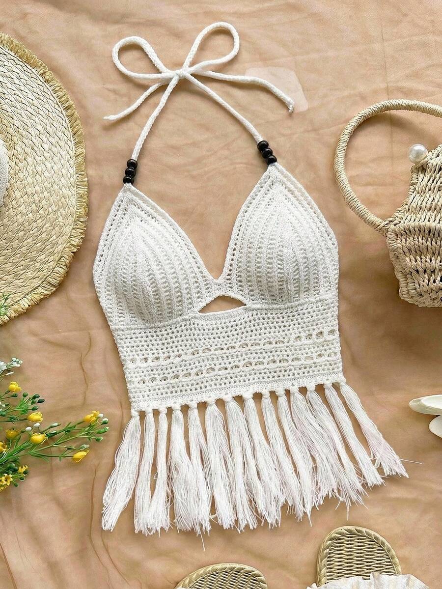 Soleia 大码女士假日串珠露背流苏针织上衣，适合约会、下午茶、海滩、邮轮、城市度假、婚礼季、音乐节、波西米亚风度假、狂欢节、夏季、女士度假、女士假日、女士海滩、狂欢节。 - 白色 - 查看 1