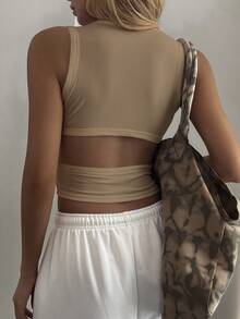 DAZY Women's Summer Round Neck Backless Hollow Design Fitted Cropped Casual Sexy Camisole Top - Khaki - View 4