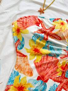 Soleia 春夏假日岛屿元素椰树图案抽绳腰部镂空修身抹胸连衣裙，适合约会、情人节、下午茶等场合 - 彩色 - 查看 3