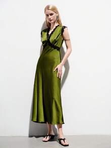 Aveloria Modichic Elegant Commuting & Dating Luxury Textured Satin V-Neck Colorblock Lace Trim Waist Fitted Sleeveless Dress - Green - View 4