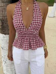 Aloruh Women's Plaid Halter Backless Shirt Checkered Top Halter Top Top Summer Top Plaid Top - Khaki - View 3