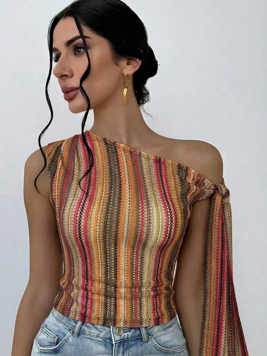 Firerie 女士优雅浪漫时尚通勤性感优雅针织纹理吊带修身杏色T恤，适合派对、度假、浪漫约会和婚礼生日等场合。 - 棕色 - 查看 1