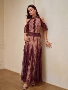 ZEYLAH Lace Patchwork Ruffle Off-Shoulder Dress, Spring/Summer - Purple - View 5