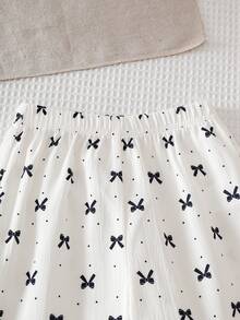 Girls' Long Wide-Leg Pants With Black Bow Print, Elastic Waist Design, Fresh And Cute Style Girls Summer Wide Legs Pants Pants With Bows Girl Wide Pants Bow Pants - Apricot - View 4