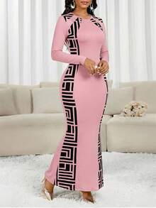 SHEIN Lady 女士圆领长袖几何印花修身优雅连衣裙 - 粉色 - 查看 6