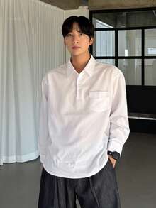 DAZY Men's White Polo Collar Long Sleeve Casual Pocket Shirt, Spring Summer - White - View 7