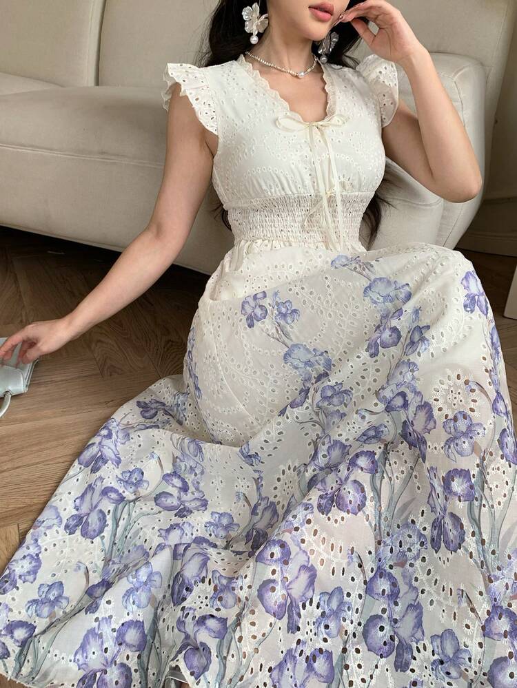 Shirred Cap Sleeve Printed Hollow Waist Dress, Elegant French Style Summer Dress For Women Sundress Boho