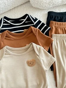 6件套新生儿男女宝宝套装。舒适休闲可爱，撞色条纹星形图案短袖连体衣套装，包含针织上衣和裤子。适合春夏季节，室内外皆宜，日常穿着、运动、玩耍、派对、拍照、度假、节日、满月庆典、洗礼、周岁生日庆典、迎婴派对等场合。 - 彩色 - 查看 2