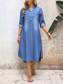 EMERY ROSE Women's V-Neck Button Half Placket Roll-Up Sleeve Casual Denim Dress - Blue - View 3