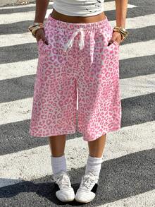 Muchica 女士豹纹抽绳腰带口袋休闲百搭日常穿搭阔腿短裤 - 粉色 - 查看 1