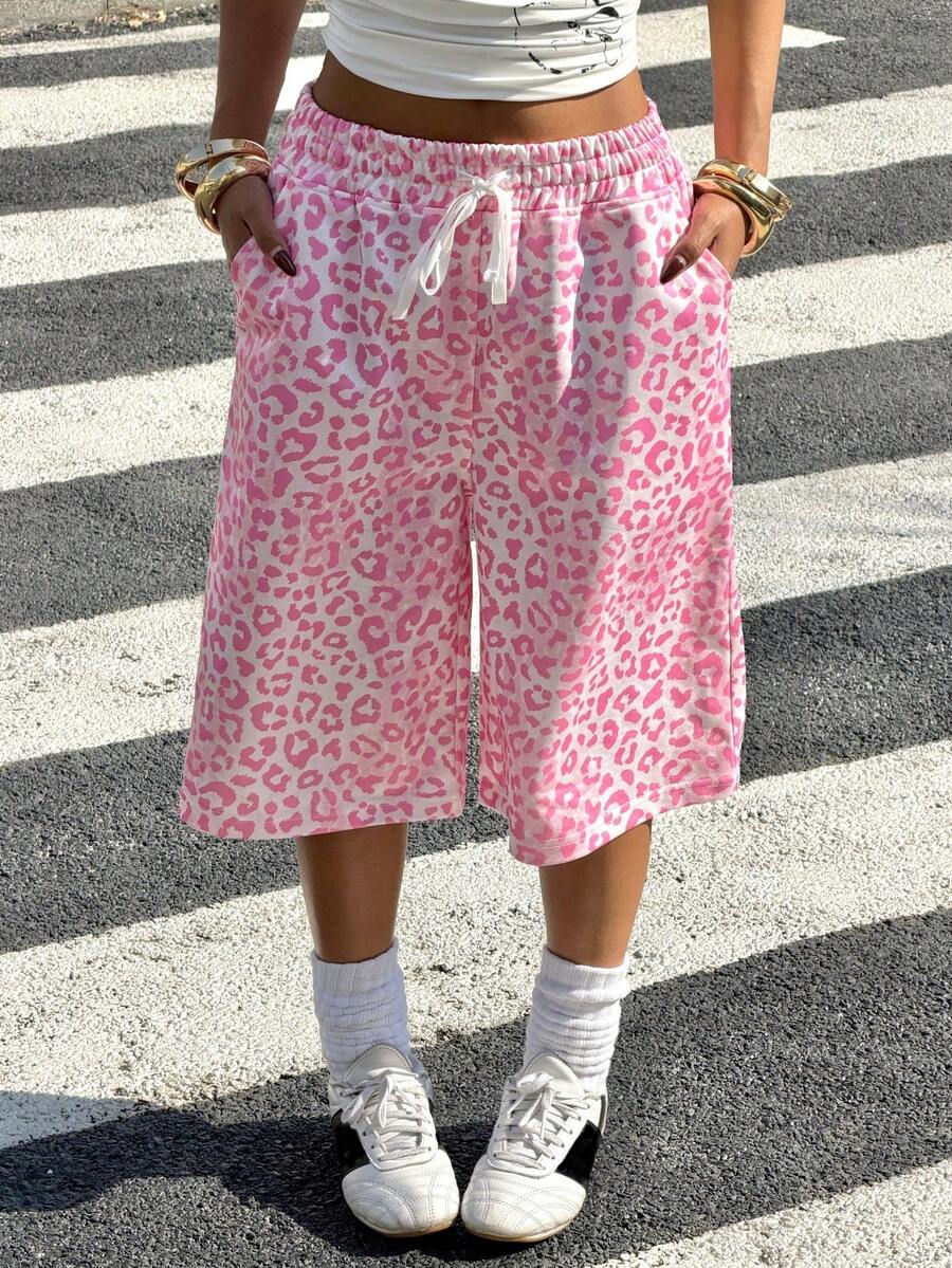 Muchica 女士豹纹抽绳腰带口袋休闲百搭日常穿搭阔腿短裤 - 粉色 - 查看 1
