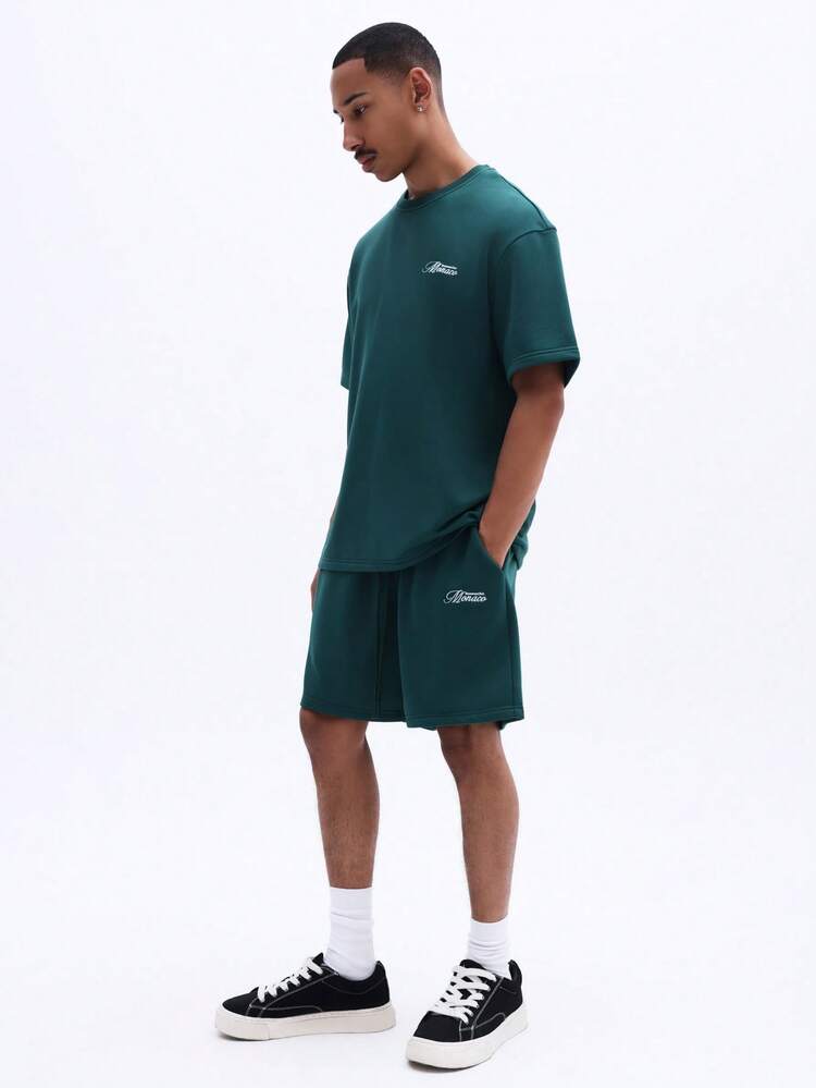 Teal Crew Neck Short Sleeve T-Shirt And Matching Shorts Co-Ord Set With Monaco Citrus Graphic Print Summer Loungewear